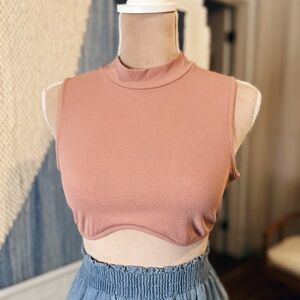 PhiPhi Cotton Blend Dusty Rose Ribbed Mock Neck Crop Top